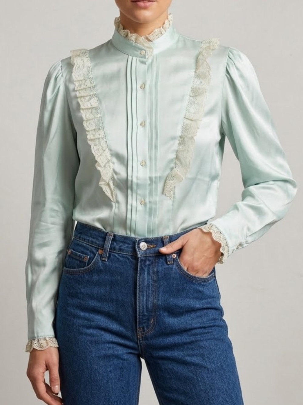 ILGWU VINTAGE 60’s 70’s Victorian High Neck Lace Ruffle Blouse XL